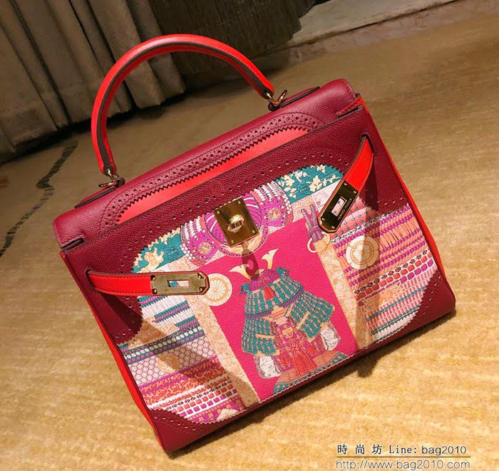 HERMES愛馬仕 凱莉包 kelly 32cm 拼接印花圖案 時尚手提包  Ama1407